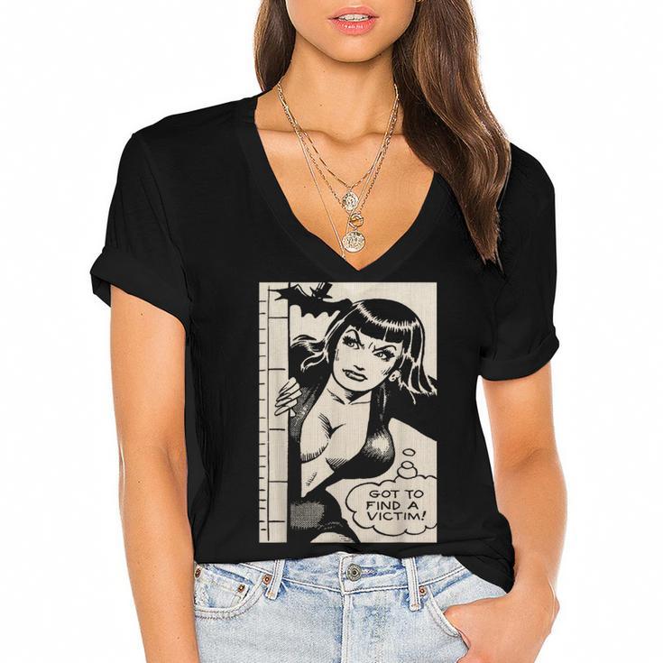 Vintage Vampire Bat Vampire Pin Up Girl Horror Comic Book Women's Jersey Short Sleeve Deep V-Neck Tshirt				