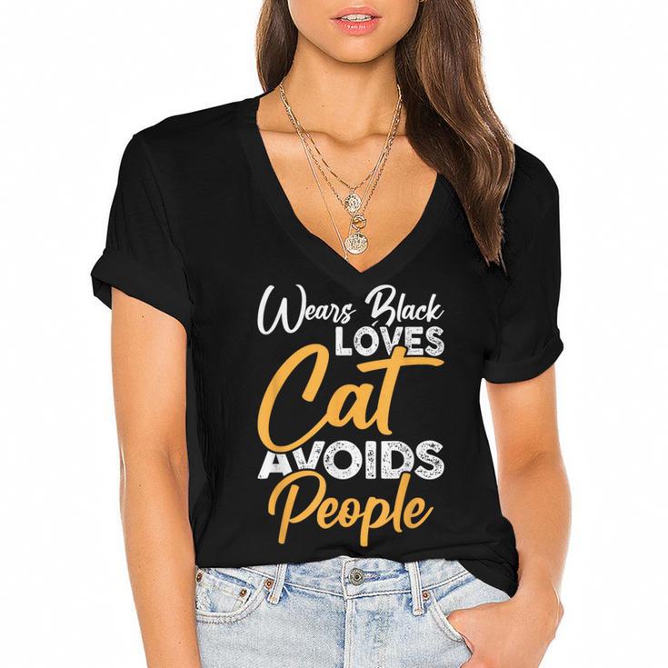 Wears Loves Cats Avoids People I Introvert Women's Jersey Short Sleeve Deep V-Neck Tshirt Wears Loves Cats Avoids People I Introvert Women's Jersey Short Sleeve Deep V-Neck Tshirt