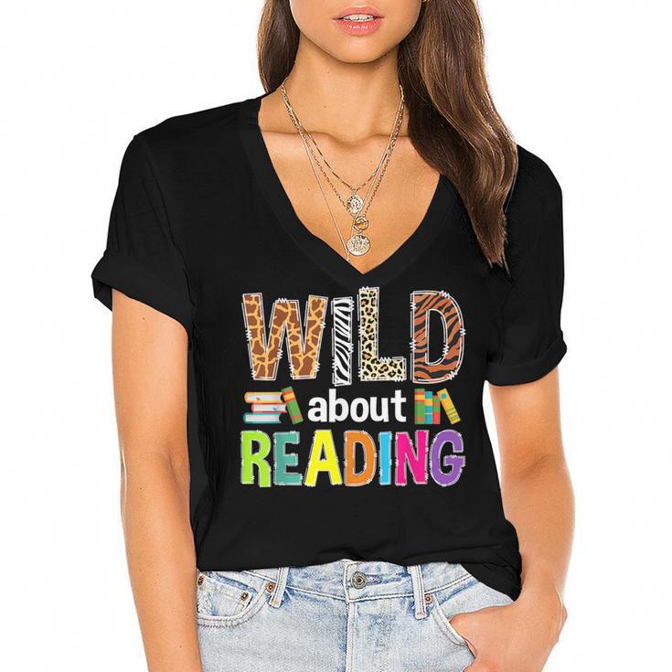 Wild About Reading Library Day Reading Books & Bookworm Women's Jersey Short Sleeve Deep V-Neck Tshirt				
