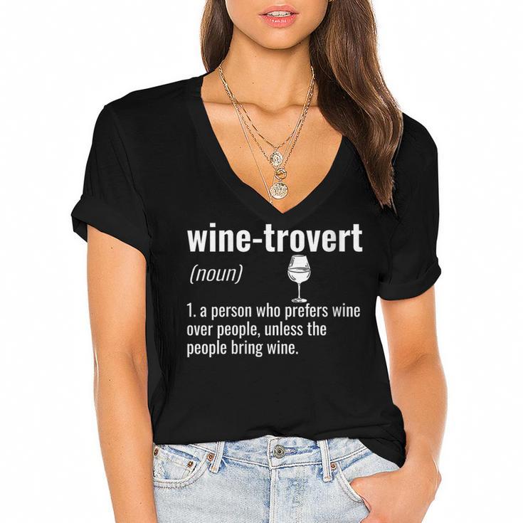 Wine-Trovert Wine Humor Definition Introvert Women's Jersey Short Sleeve Deep V-Neck Tshirt				