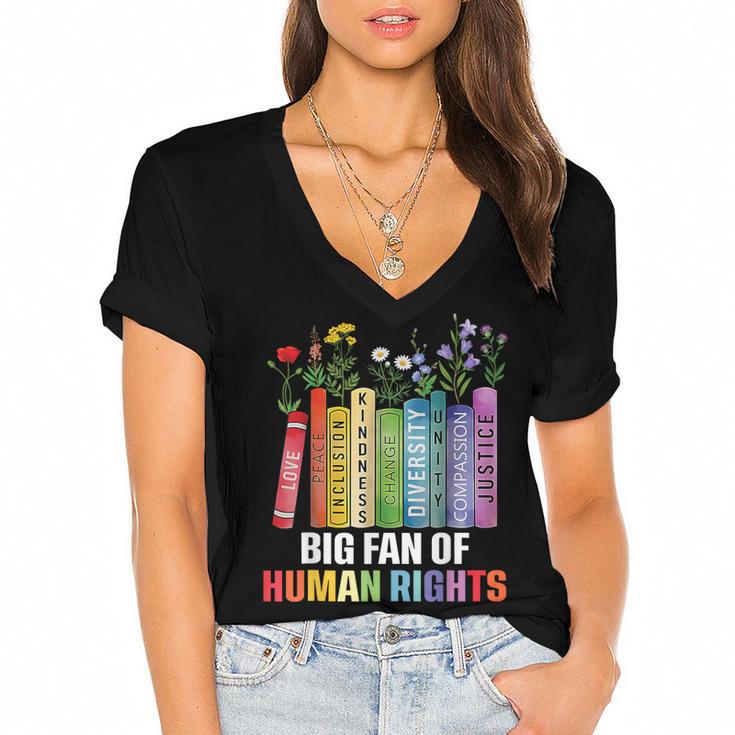 Women Floral Book Big Fan Of Human Rights Liberal Protest Women's Jersey Short Sleeve Deep V-Neck Tshirt				