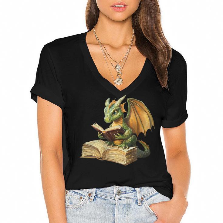 Women's Dragon Bookworm Reading Book Graphic Women's Jersey Short Sleeve Deep V-Neck Tshirt				