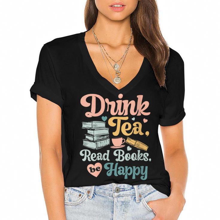 Women's Drink Tea Read Books Nerd Book Reader Book Reading Lover Women's Jersey Short Sleeve Deep V-Neck Tshirt