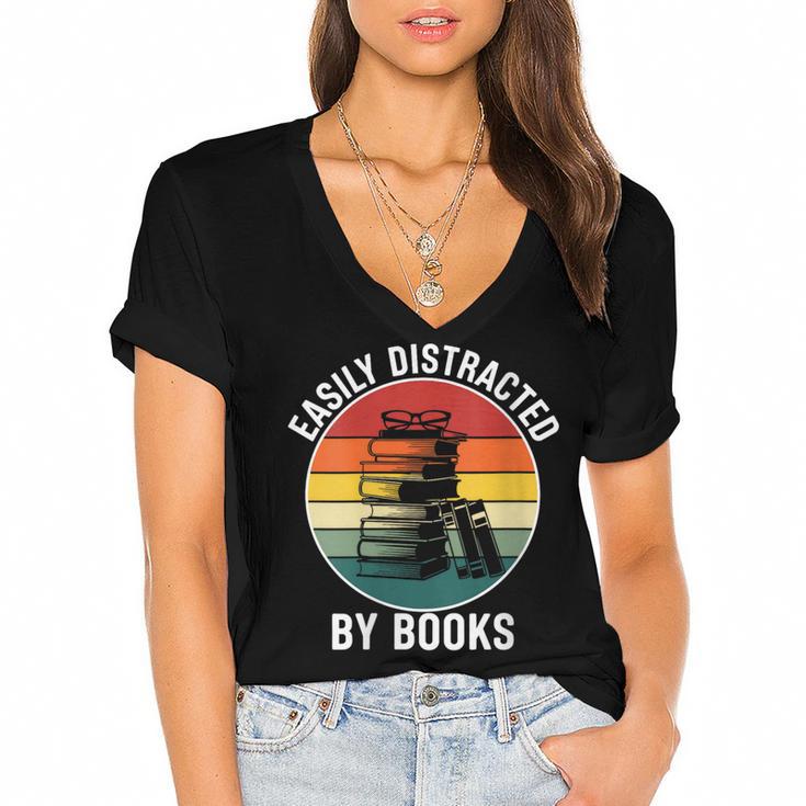 Women's Easily Distracted By Books Women's Jersey Short Sleeve Deep V-Neck Tshirt