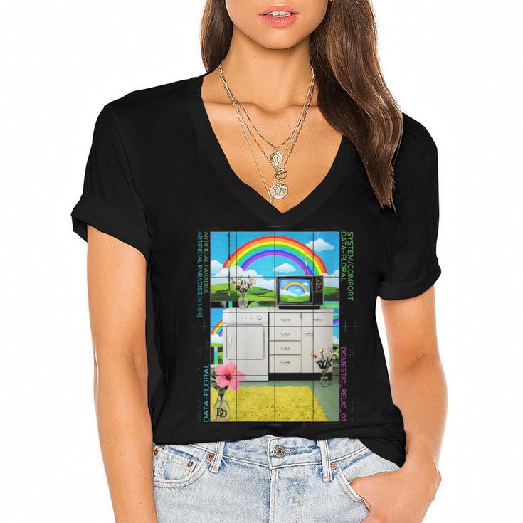 Women's Frutiger Aero Aesthetic Rainbow Glitch Art Women's Jersey Short Sleeve Deep V-Neck Tshirt				