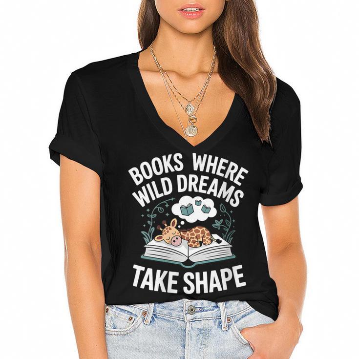 Women's Wild Dreams Reading Giraffe Book Reader Zoo Animals Kids Women's Jersey Short Sleeve Deep V-Neck Tshirt				
