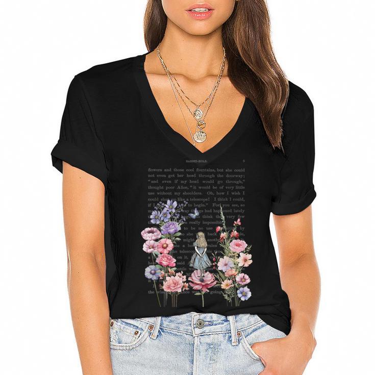 Wonderland Garden & Vintage Textbook Women's Jersey Short Sleeve Deep V-Neck Tshirt
