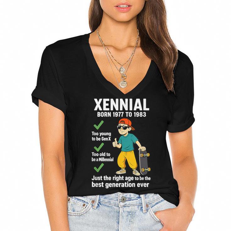 Xennial Born 1977 To 1983 Nostalgia Women's Jersey Short Sleeve Deep V-Neck Tshirt