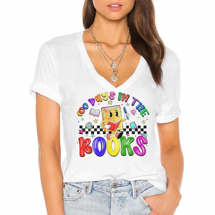 100 Days In The Book Fun 100 Days Of School Boy Girl Teacher Women's Jersey Short Sleeve Deep V-Neck Tshirt				