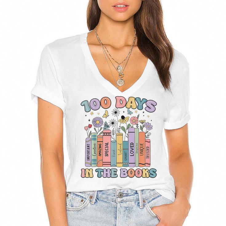 100 Days In The Books Reading Teacher 100th Day Of School Women's Jersey Short Sleeve Deep V-Neck Tshirt				