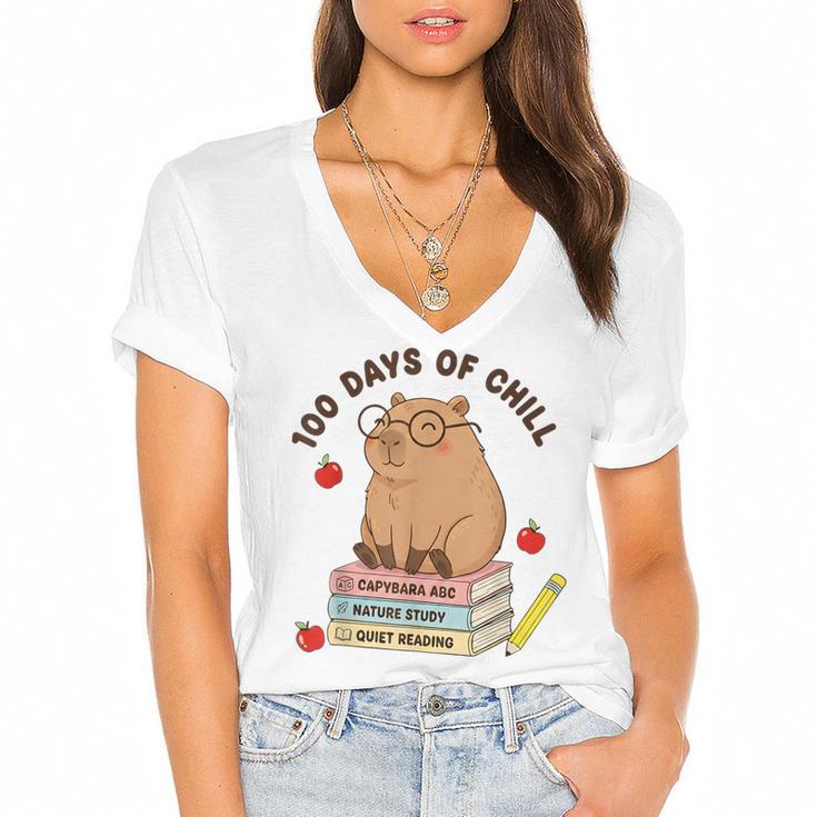 100 Days Of Chill Cute Capybara School Book Lover Women's Jersey Short Sleeve Deep V-Neck Tshirt