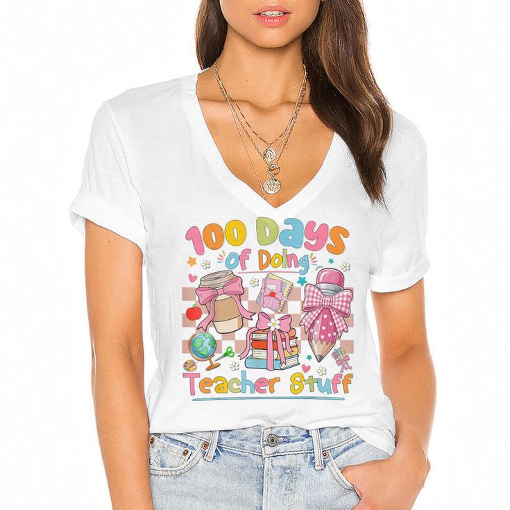 100th Day Of School Teacher 100 Days Coffee Books Women's Jersey Short Sleeve Deep V-Neck Tshirt