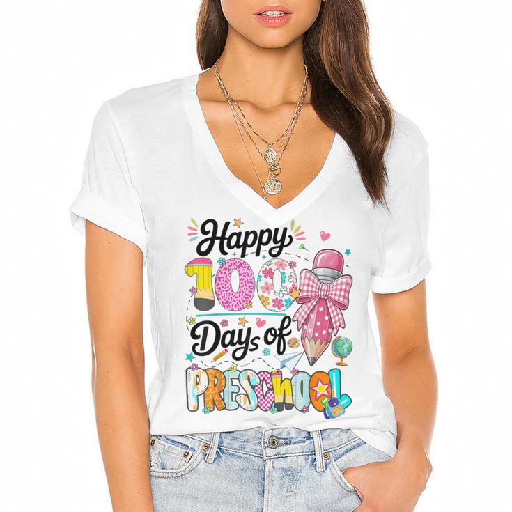 100th Day Of School Teacher Books 100 Days Of Preschool Girl Women's Jersey Short Sleeve Deep V-Neck Tshirt				