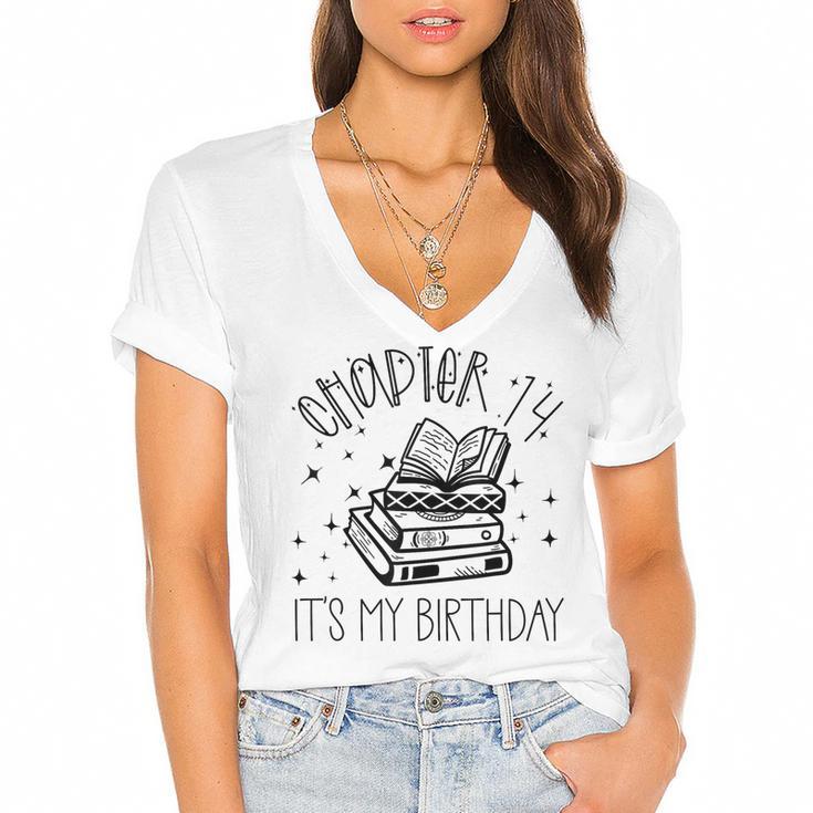 14th Birthday Girls Chapter 14 Its My Birthday Book Lover Women's Jersey Short Sleeve Deep V-Neck Tshirt				