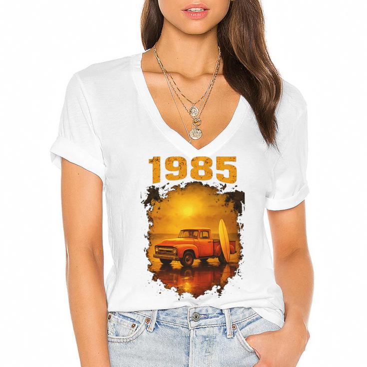 1985 Vintage Sunset Surf Truck Retro Beach Nostalgia Women's Jersey Short Sleeve Deep V-Neck Tshirt				