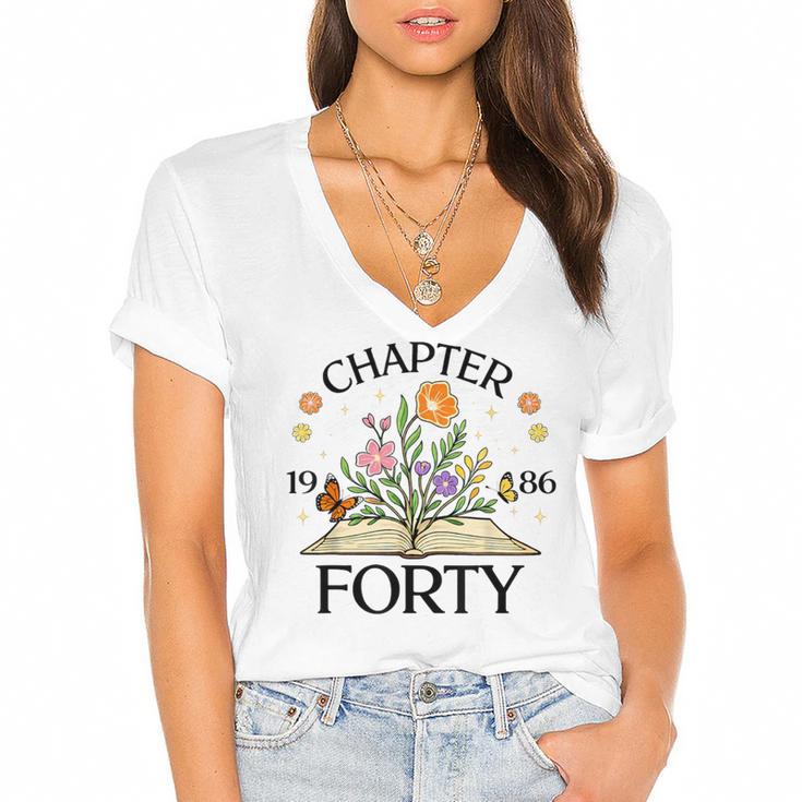 1986 Chapter Forty 40th Birthday Wildflower Book Women's Jersey Short Sleeve Deep V-Neck Tshirt				