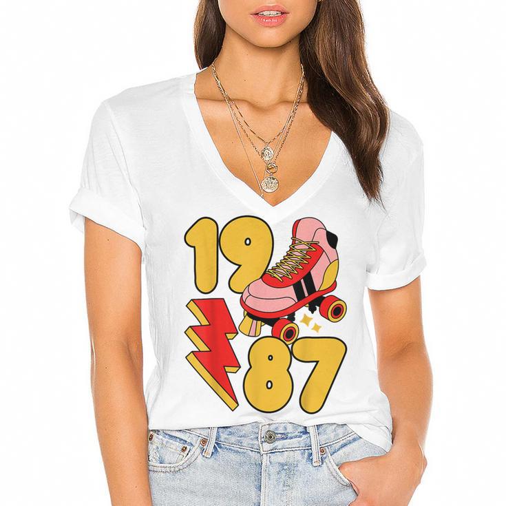 1987 Retro Roller Skate Vintage 80s Nostalgia Collector Women's Jersey Short Sleeve Deep V-Neck Tshirt