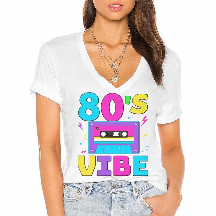 80's Vibe Retro Style Cassette Tape Nostalgia 1980s Party Women's Jersey Short Sleeve Deep V-Neck Tshirt				
