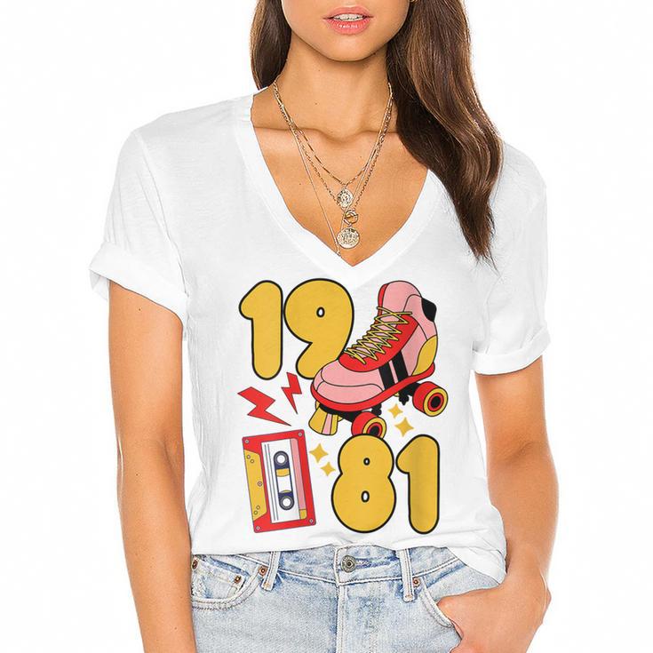 80s Vibes Mixed Tapes & Roller Skates 1981 Nostalgia Retro Women's Jersey Short Sleeve Deep V-Neck Tshirt