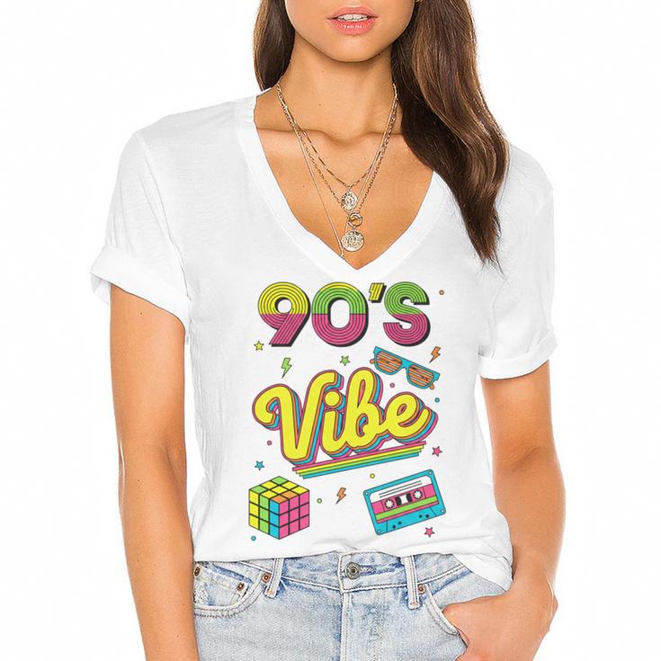90s Nostalgia Retro Apparel 90'S Vibe Retro Women's Jersey Short Sleeve Deep V-Neck Tshirt