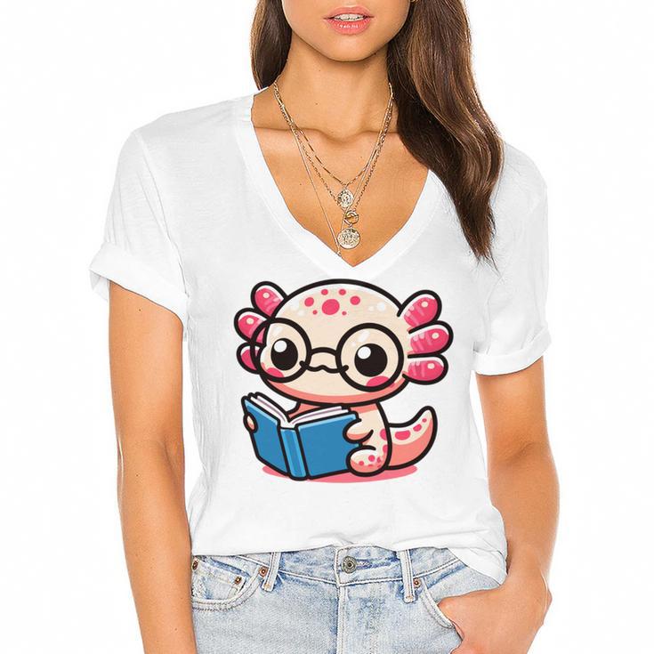 Adorable Book Lover Axolotl With Reading Glasses Cute Women's Jersey Short Sleeve Deep V-Neck Tshirt				