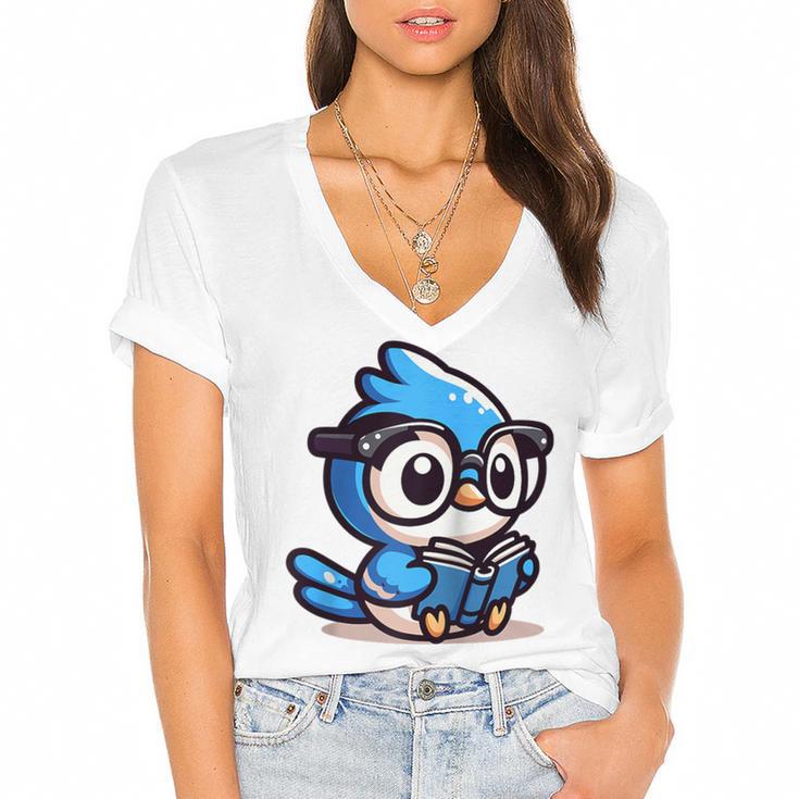 Adorable Book Lover Blue Jay With Reading Glasses Cute Raglan Baseball Tee Women's Jersey Short Sleeve Deep V-Neck Tshirt				
