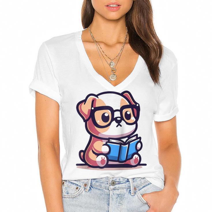 Adorable Book Lover Bulldog With Reading Glasses Cute Raglan Baseball Tee Women's Jersey Short Sleeve Deep V-Neck Tshirt				