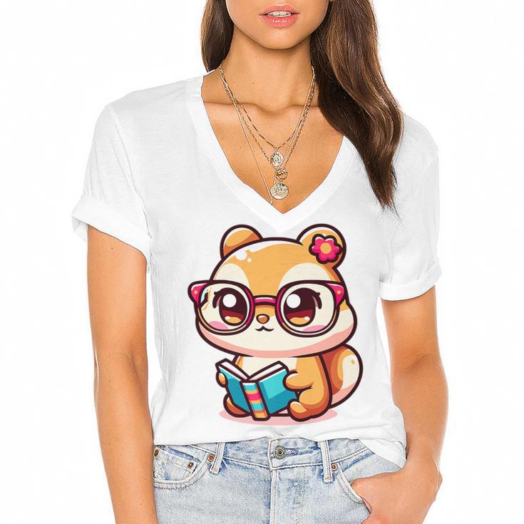 Adorable Book Lover Chipmunk With Reading Glasses Cute Premium Women's Jersey Short Sleeve Deep V-Neck Tshirt