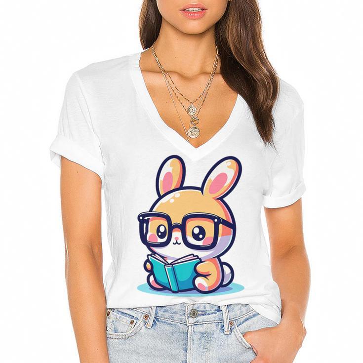 Adorable Book Lover Rabbit With Reading Glasses Cute Premium Women's Jersey Short Sleeve Deep V-Neck Tshirt				