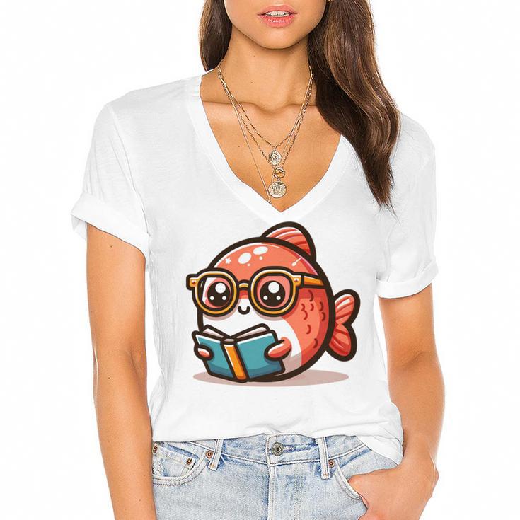 Adorable Book Lover Salmon With Reading Glasses Cute Women's Jersey Short Sleeve Deep V-Neck Tshirt				