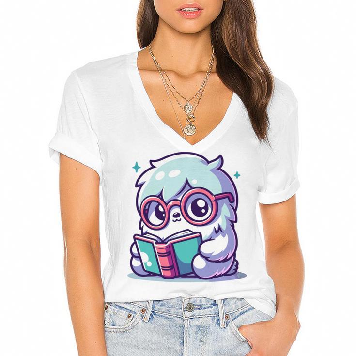 Adorable Book Lover Yeti With Reading Glasses Cute Women's Jersey Short Sleeve Deep V-Neck Tshirt				