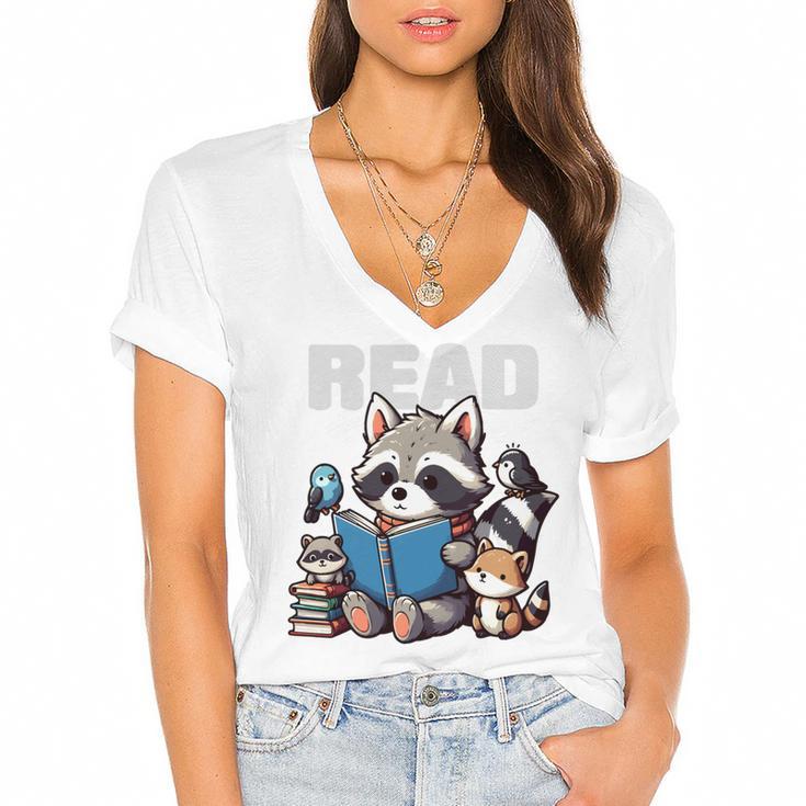 Animals Raccoon Reading Book Librarian Across America Kids Women's Jersey Short Sleeve Deep V-Neck Tshirt				