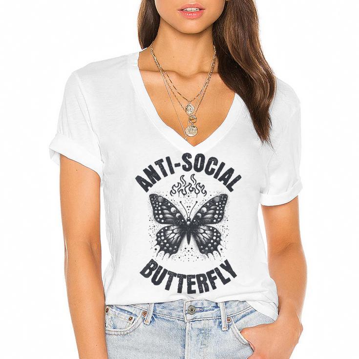 Anti-Social Butterfly Awkward Introvert Homebody Humor Women's Jersey Short Sleeve Deep V-Neck Tshirt