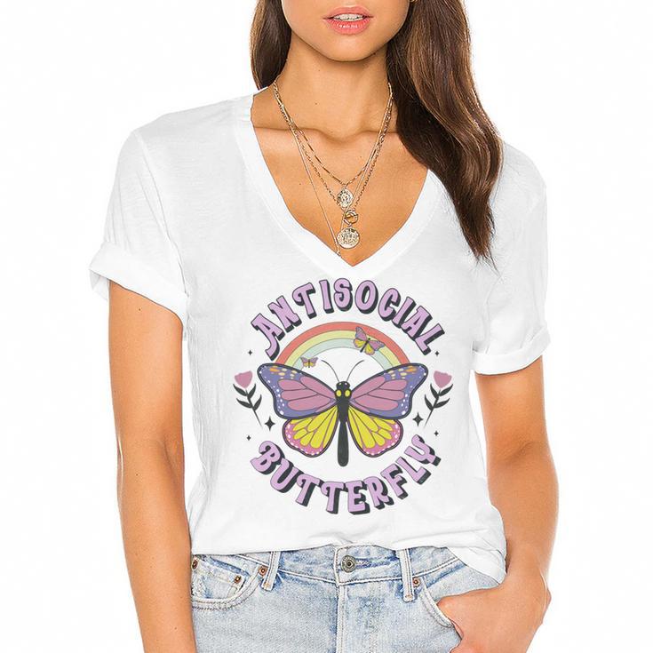 Antisocial Butterfly Tees For Introvert Men Women Girls Women's Jersey Short Sleeve Deep V-Neck Tshirt				