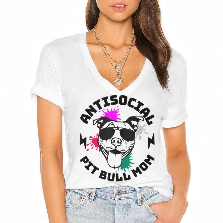 Antisocial Pit Bull Mom Pittie Introvert Dog Lover Pit Bull Women's Jersey Short Sleeve Deep V-Neck Tshirt