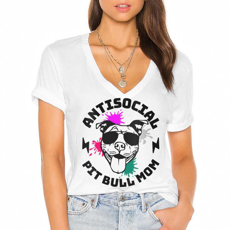 Antisocial Pit Bull Mom Pittie Introvert Dog Lover Pit Bull Women's Jersey Short Sleeve Deep V-Neck Tshirt