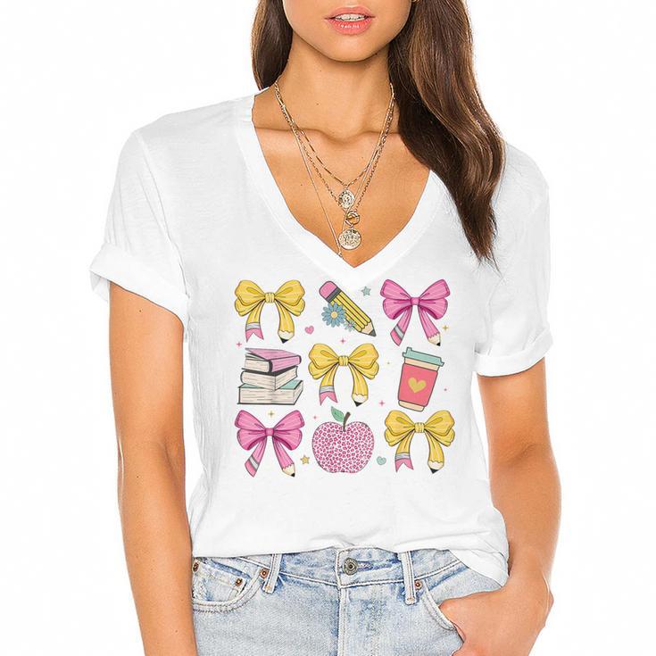 Apple Coquette Bow Books First Day Of School Back To School Women's Jersey Short Sleeve Deep V-Neck Tshirt				