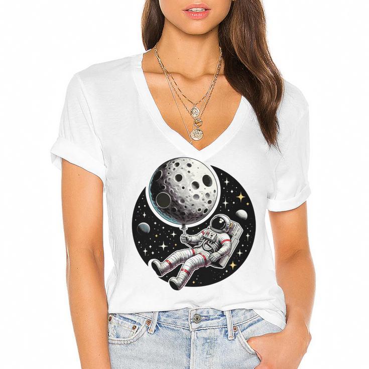 Astronaut Aesthetic Holding Moon Balloon Planets Introvert Women's Jersey Short Sleeve Deep V-Neck Tshirt
