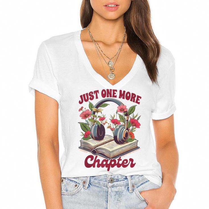 Audiobook Lover Bookish Headphones Just One More Chapter Women's Jersey Short Sleeve Deep V-Neck Tshirt