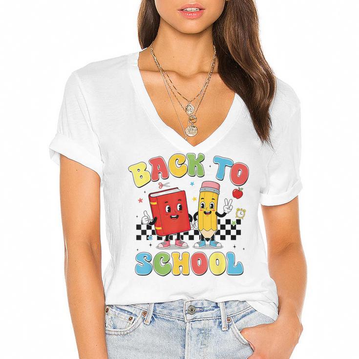 Back To School Checkered Book Pencil Groovy Teacher Student Women's Jersey Short Sleeve Deep V-Neck Tshirt				