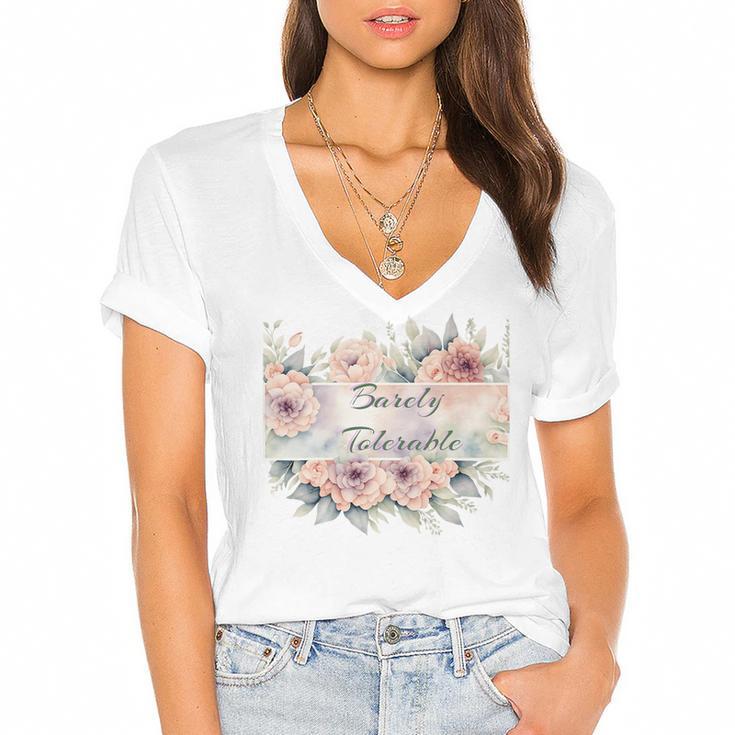 Barely Tolerable Book Floral Bookworm Lover Bookish Premium Women's Jersey Short Sleeve Deep V-Neck Tshirt				