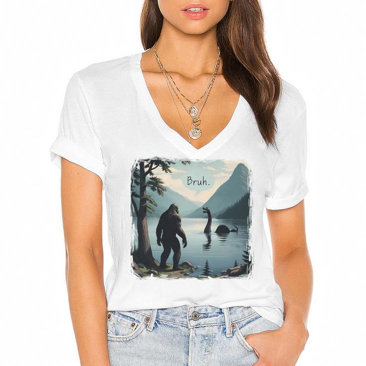 Bigfoot Sasquatch & Loch Ness Monster Introvert Bruh Women's Jersey Short Sleeve Deep V-Neck Tshirt				