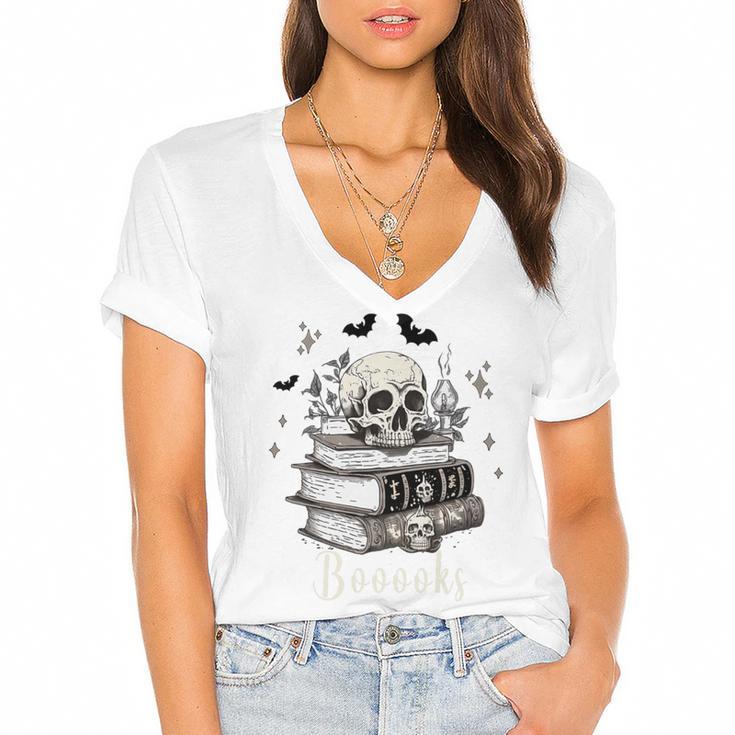 Boo Skeleton Skull Books Halloween Women School Teacher Kid Premium Women's Jersey Short Sleeve Deep V-Neck Tshirt