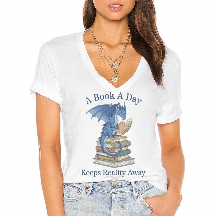 A Book A Day Keeps Reality Away Premium Tri-Blend Women's Jersey Short Sleeve Deep V-Neck Tshirt				