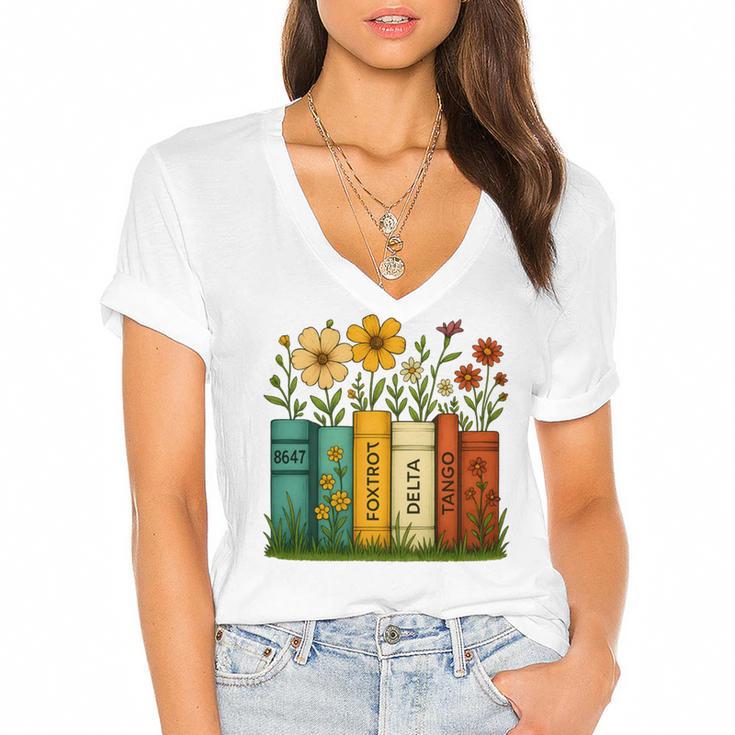 Book Flower 8647 Foxtrots Deltas Tangos Women's Jersey Short Sleeve Deep V-Neck Tshirt