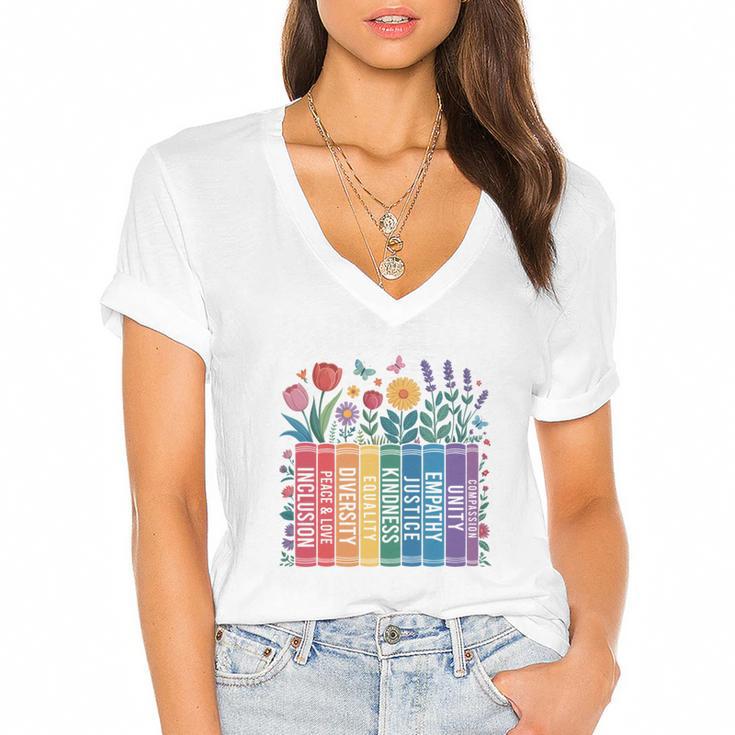Book Flower Radicalized By Basic Decency Feminist Leftist Women's Jersey Short Sleeve Deep V-Neck Tshirt				