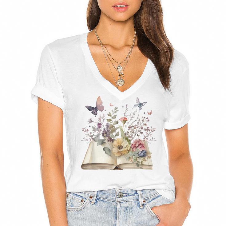 Book Flowers And Butterfly Beautiful Reading Reader Graphic Women's Jersey Short Sleeve Deep V-Neck Tshirt