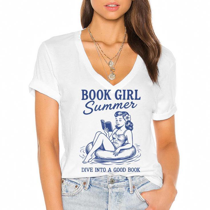 Book Girl Summer Women's Jersey Short Sleeve Deep V-Neck Tshirt