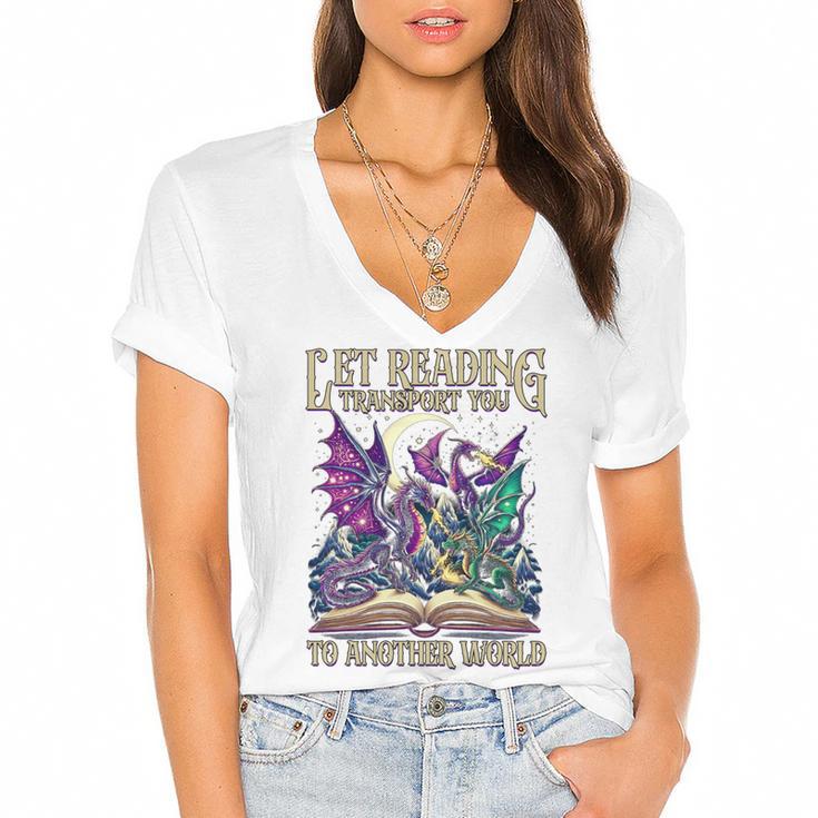 Book Lover Dragon Reading Transport You To Another World Women's Jersey Short Sleeve Deep V-Neck Tshirt				