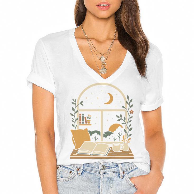 Book Lover Moonlight Reading Scene Night Women's Jersey Short Sleeve Deep V-Neck Tshirt				